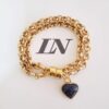 Conjunto Dourado Pulseira e Colar Corrente Aço Banho Ouro Elo Português-106 Pingente Pedra Mineral Sodalita Coração