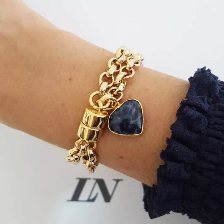 Pulseira Pingente Mini Coração Pedra Sodalita Azul Banho Ouro Elo Português-106