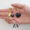 Conjunto Dourado Pulseira e Colar Corrente Aço Banho Ouro Elo Português-106 Pingente Pedra Mineral Sodalita Coração