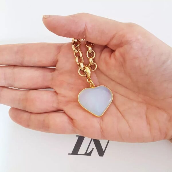 8731e Conjunto Combinado Coração Pedra da Lua Branca Banho Ouro Pulseira + Colar