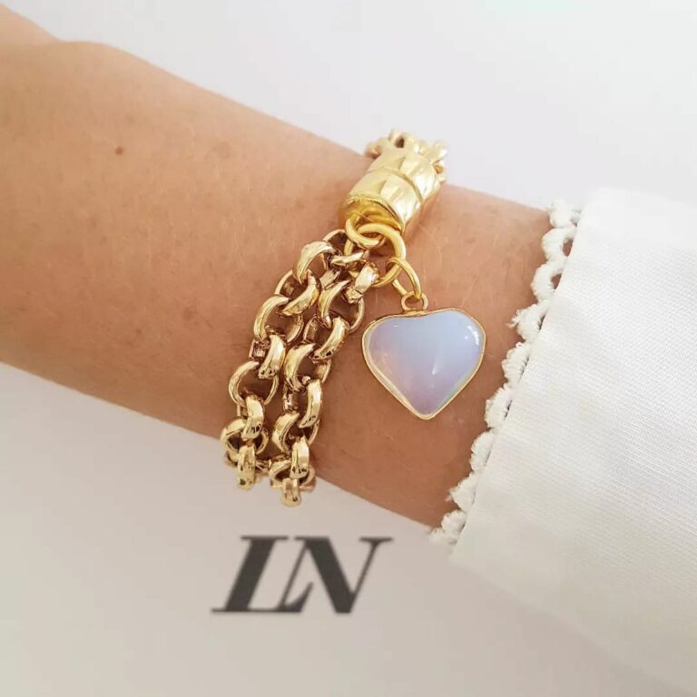 Pulseira Pingente Mini Coração Pedra da Lua Banho Ouro Elo Português-106