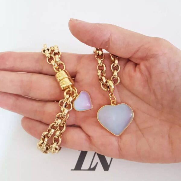 8731g Conjunto Combinado Coração Pedra da Lua Branca Banho Ouro Pulseira + Colar