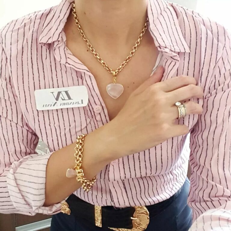 Conjunto Colar + Pulseira Coração Quartzo Rosa Banho Ouro Elo Português-106