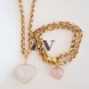 8732b Conjunto Colar + Pulseira Coração Quartzo Rosa Banho Ouro Elo Português-106