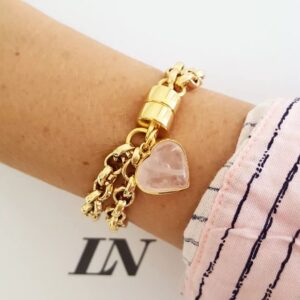 8732f Pulseira Mini Coração Pedra Quartzo Rosa Banho Ouro Elo Português-106