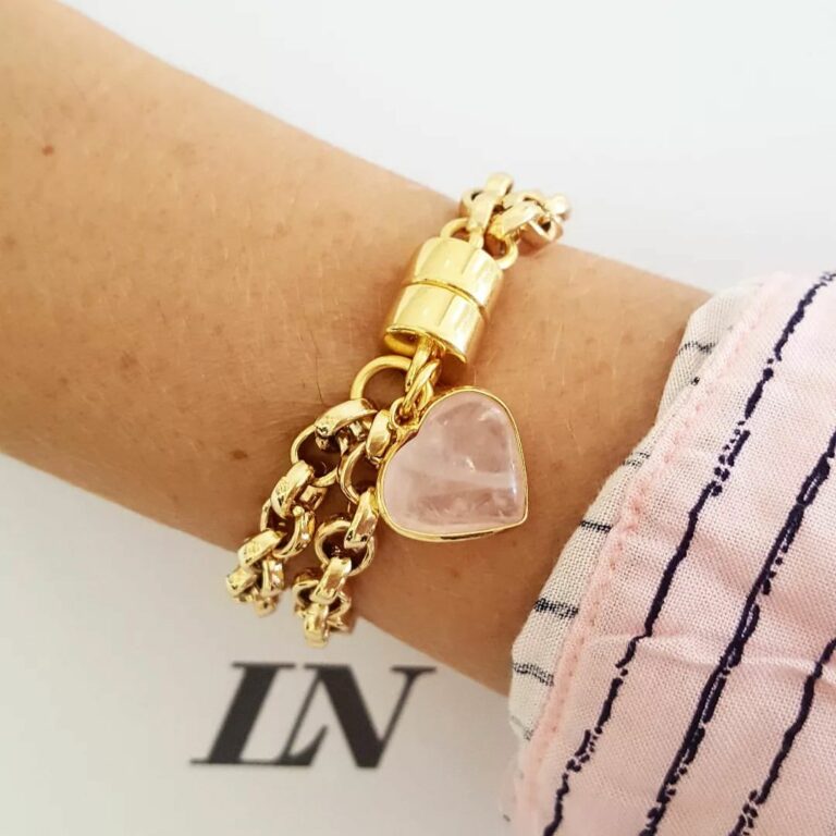 Pulseira Mini Coração Pedra Quartzo Rosa Banho Ouro Elo Português-106