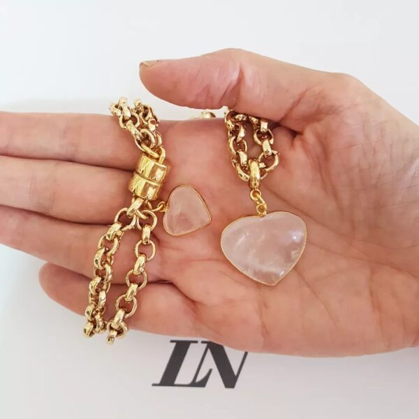 8732g Conjunto Colar + Pulseira Coração Quartzo Rosa Banho Ouro Elo Português-106