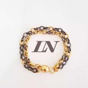 Pulseira Combinada Dourado c/ Grafite Corrente Aço Banho Ouro 2 Voltas Elo Losango-202 Fecho Ímã 18cm