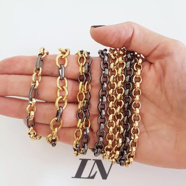 8733f Conjunto 4 Pulseiras Combinadas Dourado c/ Grafite Corrente Aço Banho Ouro c/ Verniz Fecho Ímã 18cm