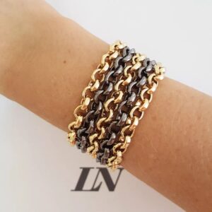 Pulseira Combinada Dourado c/ Grafite Corrente Aço Banho Ouro 5 Voltas Elo Português-106 Fecho Ímã 18cm