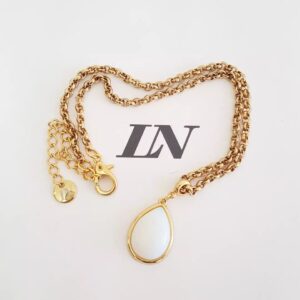 Colar Curto Dourado Corrente Aço Banho Ouro Elo Português-130 Pingente Gota Pedra da Lua 40cm