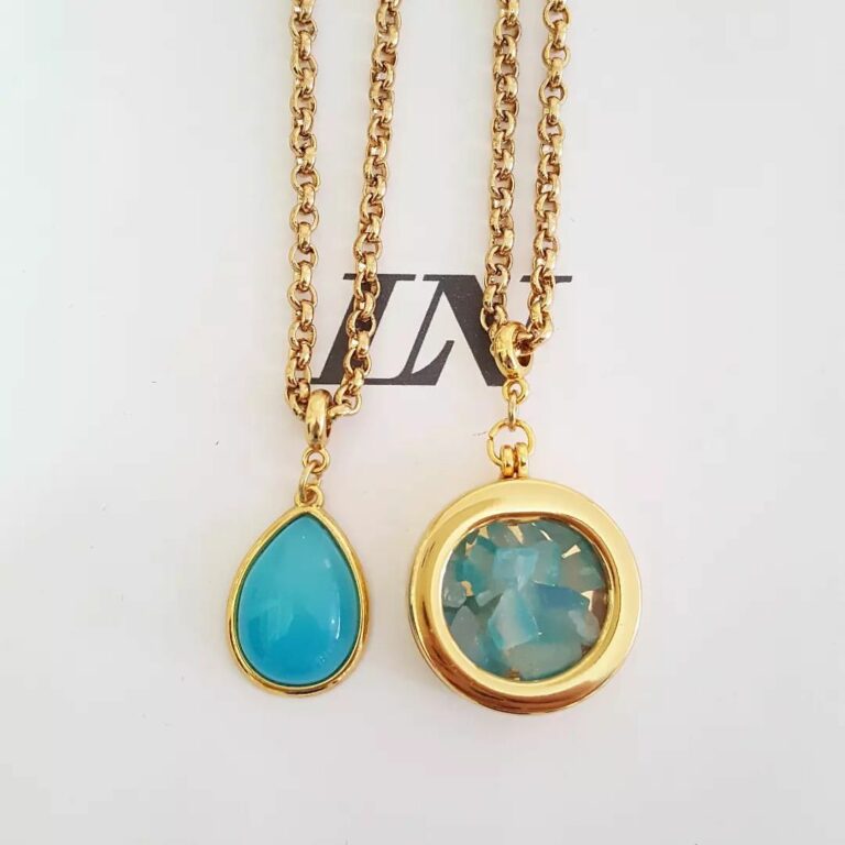 Conjunto Dourado 2 Colares Dourados Curto Corrente Aço Banho Ouro Elo Português-218 Pingente Azul