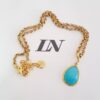 Colar Curto Dourado Corrente Aço Banho Ouro Elo Português-218 Pingente Gota Pedra Agua Marinha 40cm