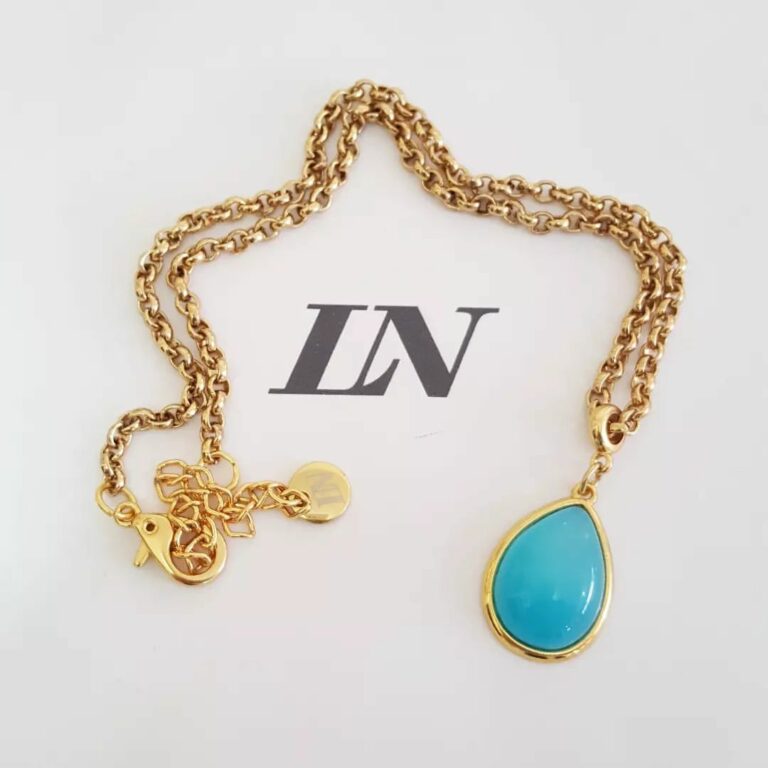 Colar Curto Dourado Corrente Aço Banho Ouro Elo Português-218 Pingente Gota Pedra Agua Marinha 40cm