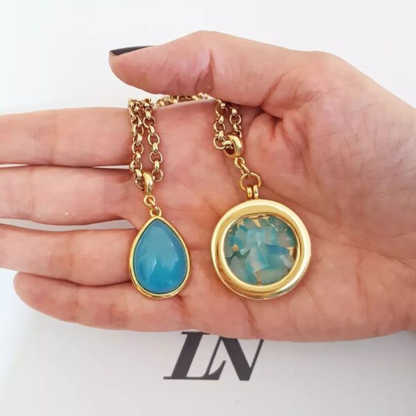 Conjunto Dourado 2 Colares Dourados Curto Corrente Aço Banho Ouro Elo Português-218 Pingente Azul