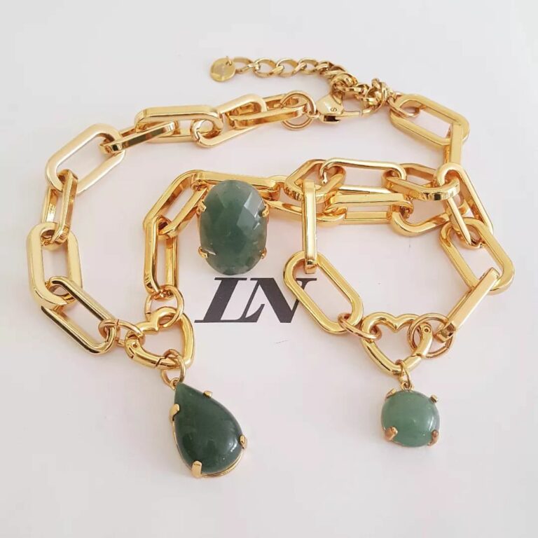 Conjunto Dourado Corrente Metal Banho Ouro Pedra Mineral Quartzo Verde Anel Regulável + Pulseira Pingente + Colar Pingente