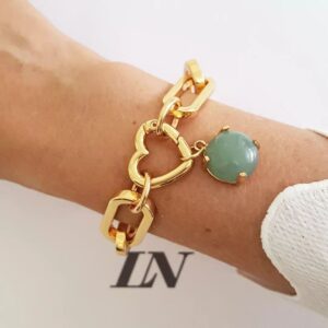 Pulseira Dourada Corrente Metal Banho Ouro Elo Retangular Grande Fecho Coração Mosquete Pingente Quartzo Verde Redondinho 18cm