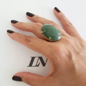 Anel Dourado Metal Banho Ouro Regulável Pedra Mineral Natural Quartzo Verde Oval Lapidada