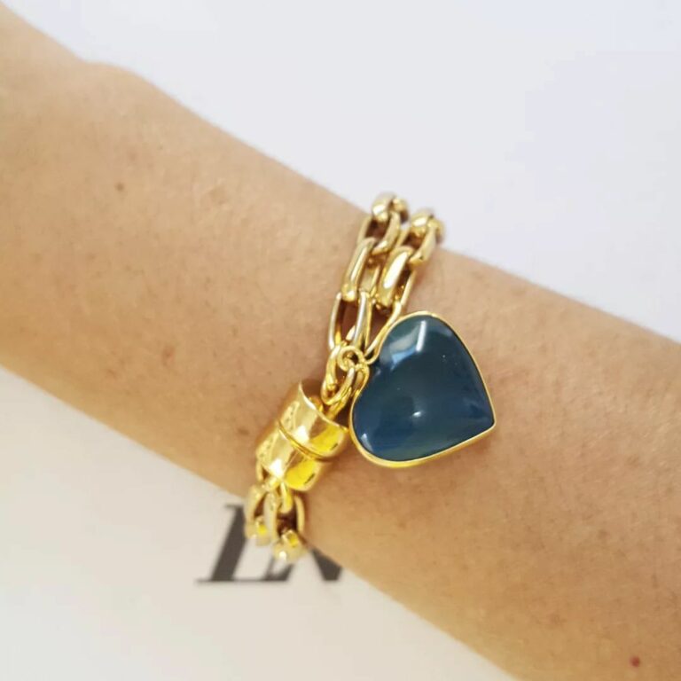 Pulseira Dourada Corrente Aço Banho Ouro Elo Retangular-129 Pingente Pedra Mineral Coração Ágata Azul Fecho Ímã 20cm
