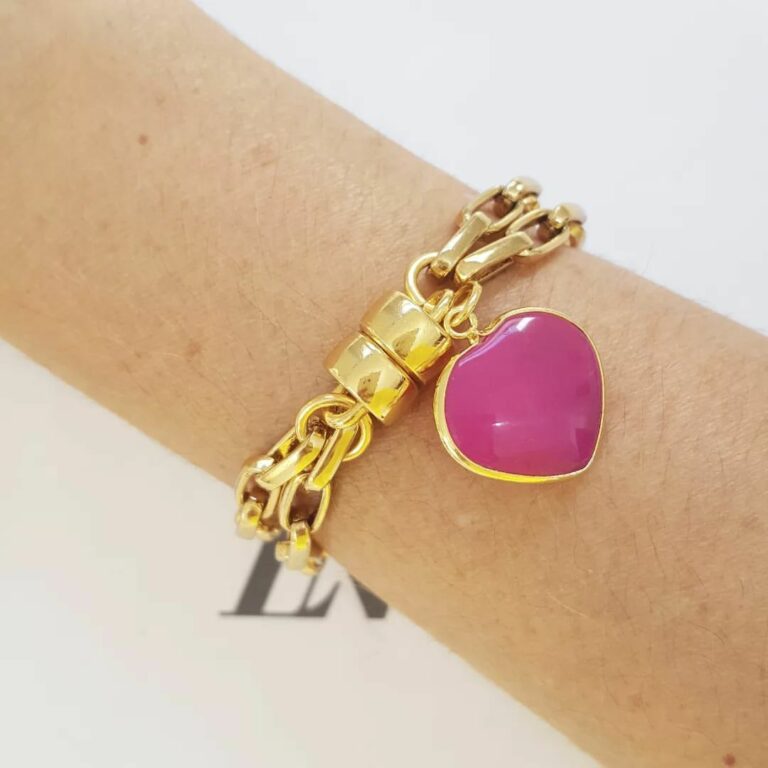 Pulseira Dourada Corrente Aço Banho Ouro Elo Retangular-129 Pingente Pedra Mineral Coração Ágata Rosa Pink Fecho Ímã 18cm