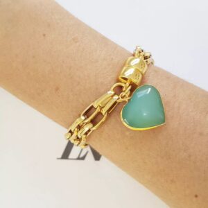 Pulseira Dourada Corrente Aço Banho Ouro Elo Retangular-129 Pingente Pedra Mineral Coração Ágata Turquesa Fecho Ímã 18cm