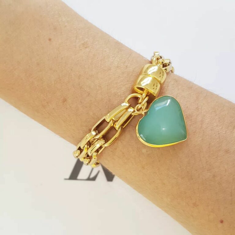 Pulseira Dourada Corrente Aço Banho Ouro Elo Retangular-129 Pingente Pedra Mineral Coração Ágata Turquesa Fecho Ímã 18cm
