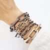 Conjunto 4 Pulseiras Prateada e Grafite Correntes em Metal Elo Oval Banho Verniz Fecho Ímã