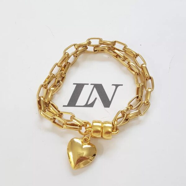 Conjunto Dourado Pulseira 18cm + Colar Curto 40cm Corrente Aço Banho Ouro Elo Retangular-129 Pingente Coração