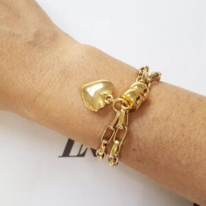Pulseira Dourada Corrente Aço Banho Ouro Elo Retangular-129 Pingente Coração Plano Pequeno Fecho Ímã 18cm