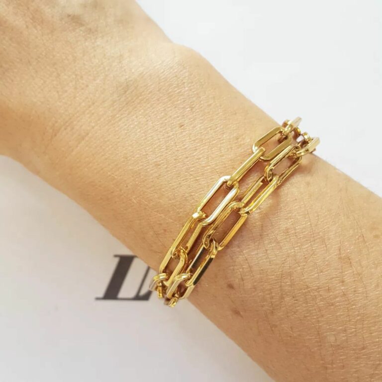 Pulseira Dourada 2 voltas Corrente Aço Banho Ouro Elo Oval-425 Fecho Mosquete 18cm