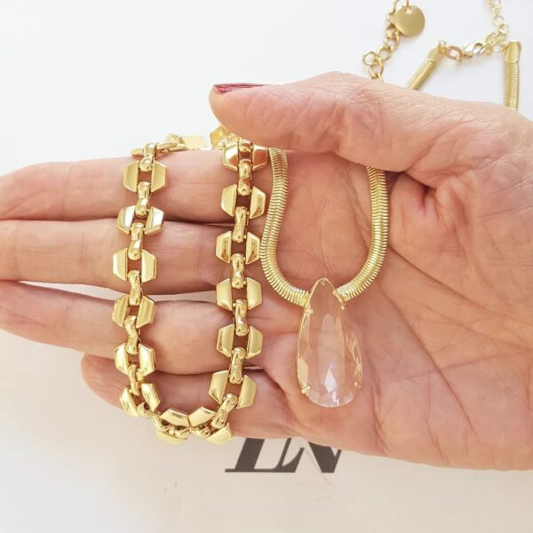 Conjunto Colar Dourado Choker + Colar Curto Corrente Metal Banho Ouro Elo Serpente Fecho Mosquete