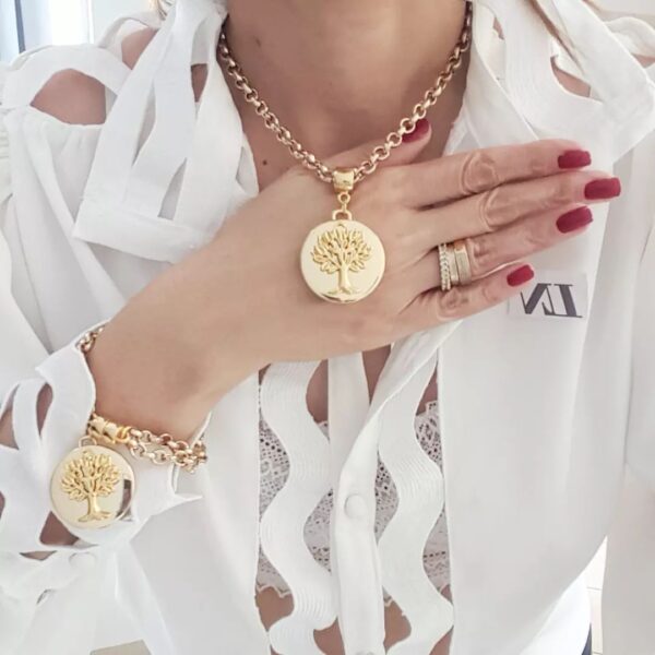 Conjunto Medalha Árvore da Vida/Família Banho Ouro Colar + Pulseira