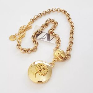 Colar Mandala Árvore da Vida Banho Ouro Corrente Aço Elo Português-106