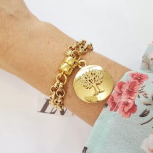 Pulseira Mandala Árvore da Vida Banho Ouro Corrente Aço Elo Português-106