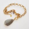 8784b Colar Dourado Curto (40cm) Corrente Aço Banho Ouro Elo Português-145 Pingente Pedra Mineral Ágata Gota  Mesclada
