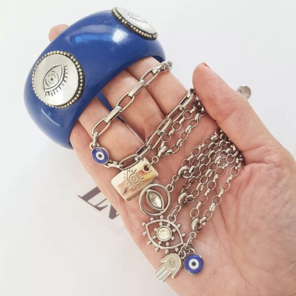 Conjunto Pulseira Tibetana + 5 Colares Delicados Símbolos Místicos Banho Prateado