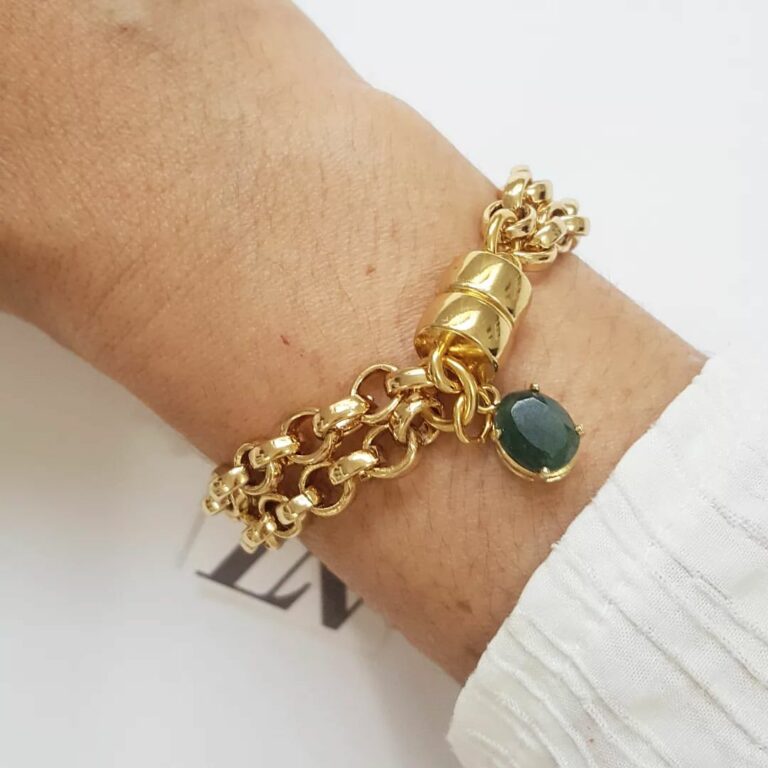 Pulseira Dourada Corrente Aço Banho Ouro Elo Português-106 Pingente Mini Pedra Mineral Lapidada Quartzo Verde 18cm
