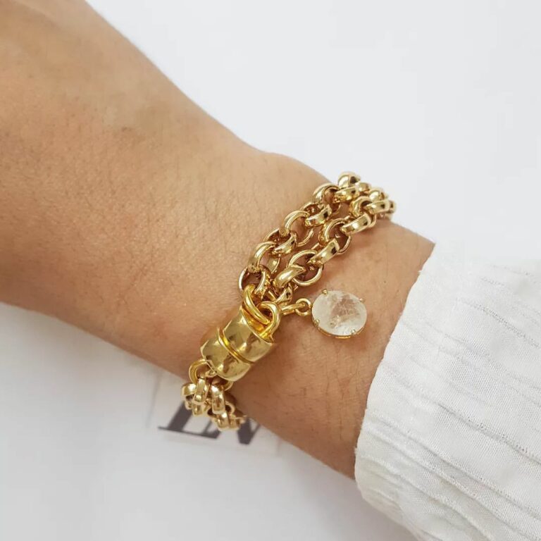 Pulseira Dourada Corrente Aço Banho Ouro Elo Português-106 Pingente Mini Pedra Mineral Lapidada Cristal Transparente 18cm