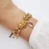 Pulseira Dourada Corrente Aço Banho Ouro Elo Português-106 Pingente Mini Pedra Mineral Lapidada Ametista Lilás 18cm