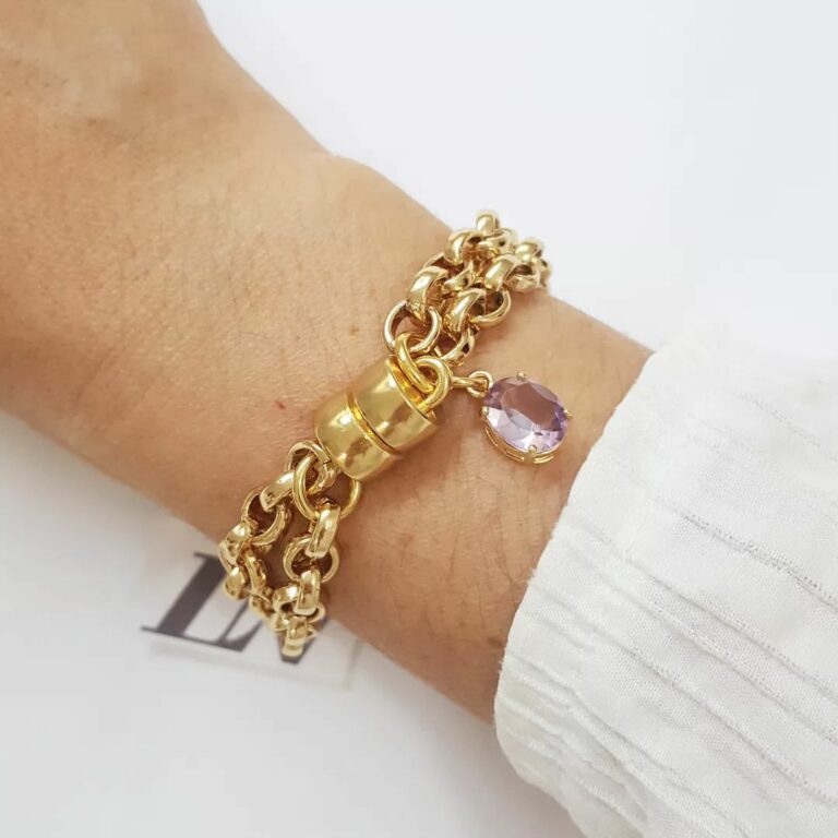 Pulseira Dourada Corrente Aço Banho Ouro Elo Português-106 Pingente Mini Pedra Mineral Lapidada Ametista Lilás 18cm