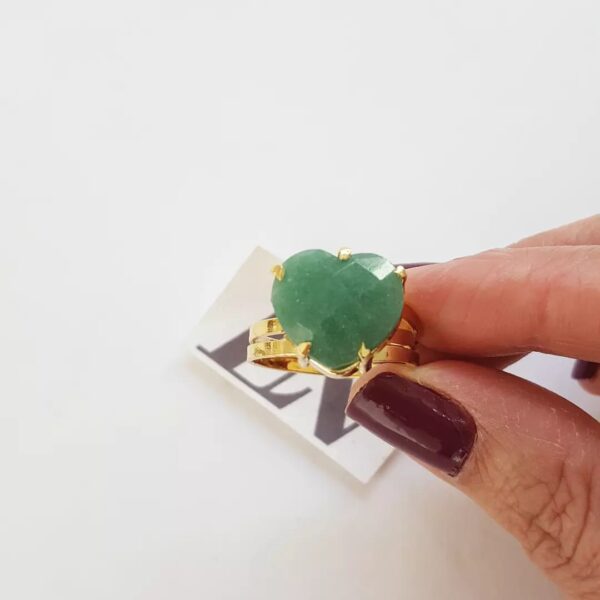 Conjunto Dourado Banho Ouro Pedra Verde Colar Corrente Aço + Anel Dourado Regulável Coração Verde