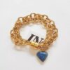 Pulseira Dourada Corrente Aço Banho Ouro Elo Cadeado-22 Pingente Pedra Mineral Sodalita Coração Azul - 18cm