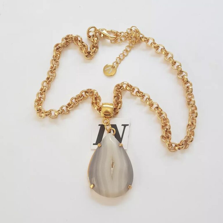 Colar Pedra Ágata Creme Banho Ouro Corrente Aço Elo Português-106
