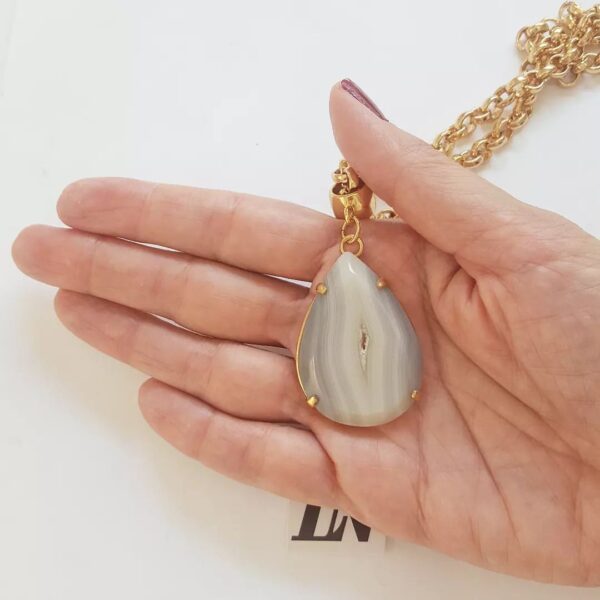 Colar Pedra Ágata Creme Banho Ouro Corrente Aço Elo Português-106