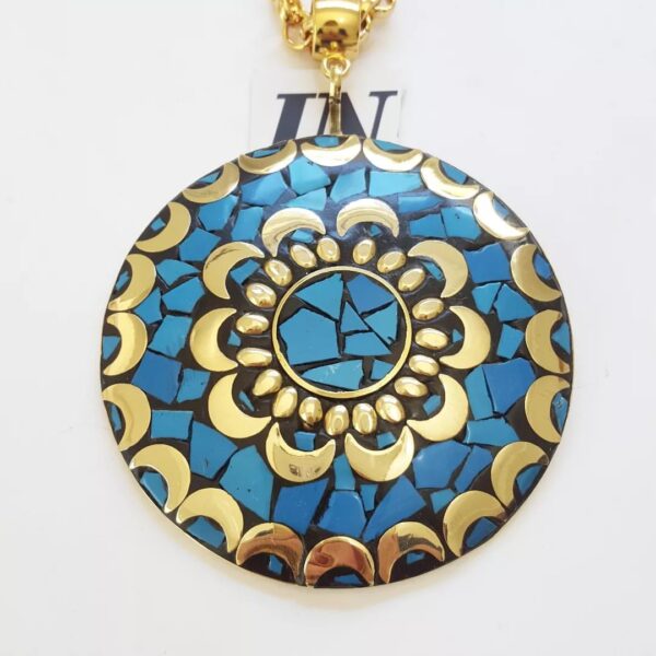 8825b Colar Tibetano Caquinho Azul Corrente Aço Elo Português-106 Banho Ouro