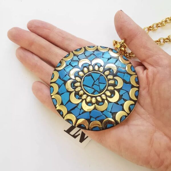 8825c Colar Tibetano Caquinho Azul Corrente Aço Elo Português-106 Banho Ouro