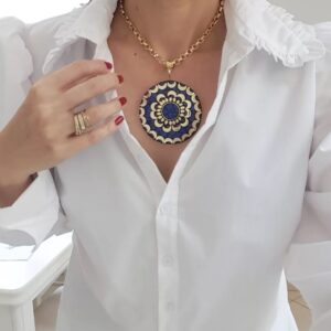 8826 Colar Tibetano Caquinho Azul Corrente Aço Elo Português-106 Banho Ouro