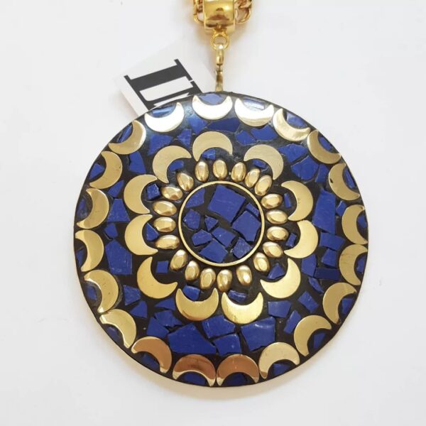 8826b Colar Tibetano Caquinho Azul Corrente Aço Elo Português-106 Banho Ouro