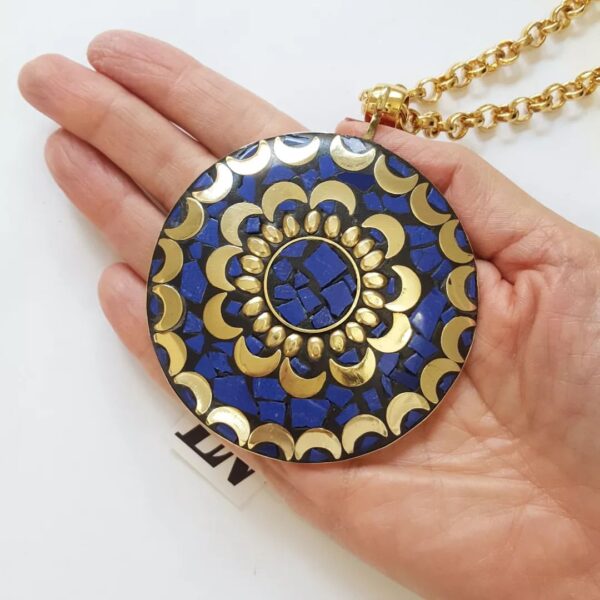 8826c Colar Tibetano Caquinho Azul Corrente Aço Elo Português-106 Banho Ouro