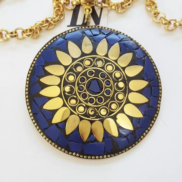 Colar Tibetano Caquinho Azul Corrente Aço Banho Ouro Elo Português-106